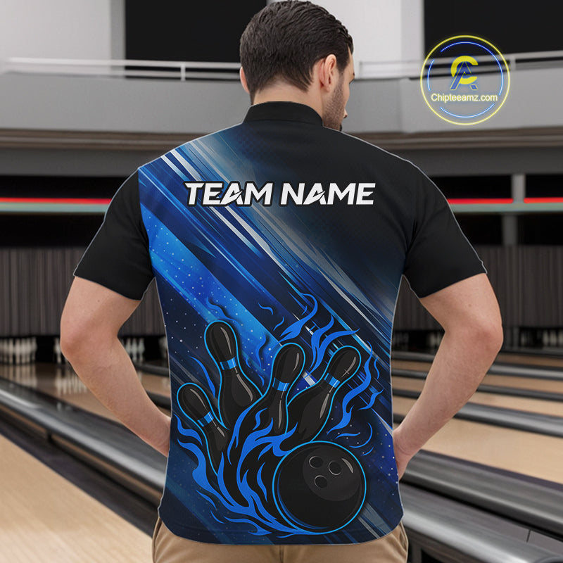 Black and Blue Flame Bowling Polo, Quarter Zip Shirt For Men Custom Team Mens Bowling Jerseys NQS10099