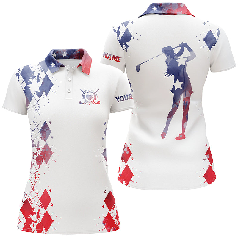 Womens golf polo shirt watercolor American flag custom name white golf shirt NQS3735