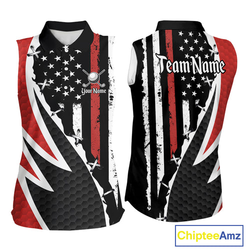 Red, White and Black American Flag Sleeveless polo shirt Custom Patriotic Team Golf attire for ladies NQS10430