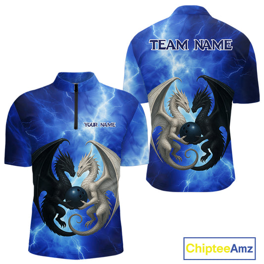 Black And White Dragon Blue Lightning Thunder Custom Bowling Shirt For Men, Dragon Bowling Team Shirt NQS10627