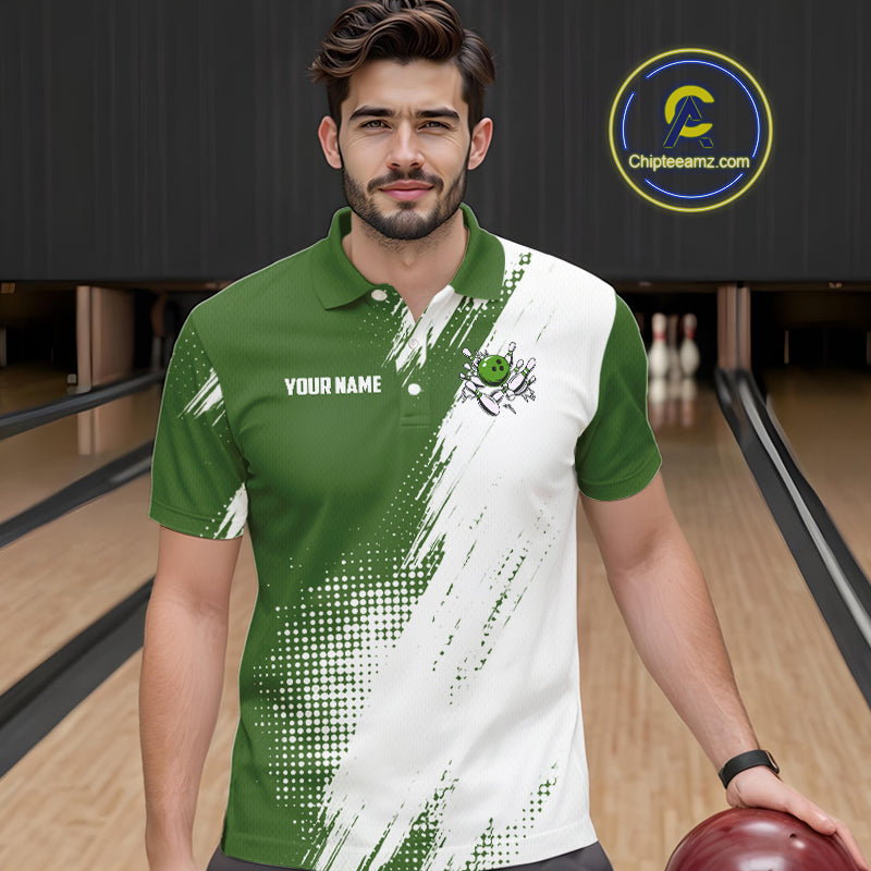 Custom Green and White Strike Bowling Shirts Men Polo, Quarter Zip Bowling Team Jersey Bowling League NQS11037