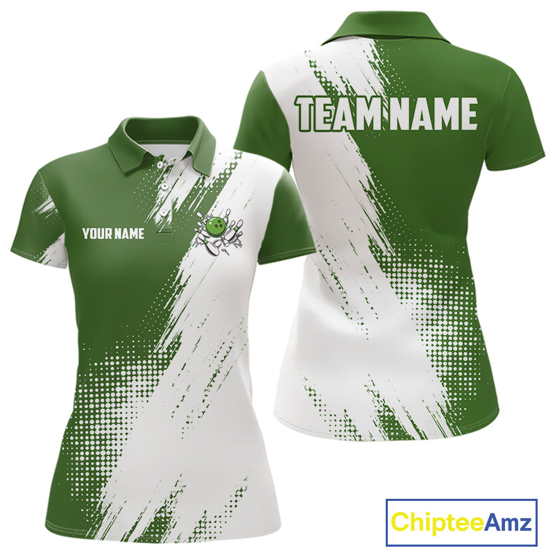 Custom Green and White Strike Bowling Shirts Women Polo, 1/4 Zip Bowling Team Jerseys Bowling League NQS11037