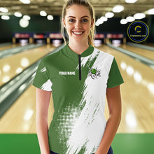 Load image into Gallery viewer, Custom Green and White Strike Bowling Shirts Women Polo, 1/4 Zip Bowling Team Jerseys Bowling League NQS11037