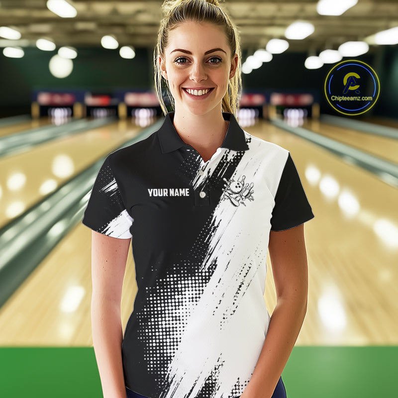 Custom Black and White Strike Bowling Shirts Women Polo, 1/4 Zip Bowling Team Jerseys Bowling League NQS11038