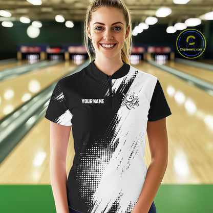 Custom Black and White Strike Bowling Shirts Women Polo, 1/4 Zip Bowling Team Jerseys Bowling League NQS11038