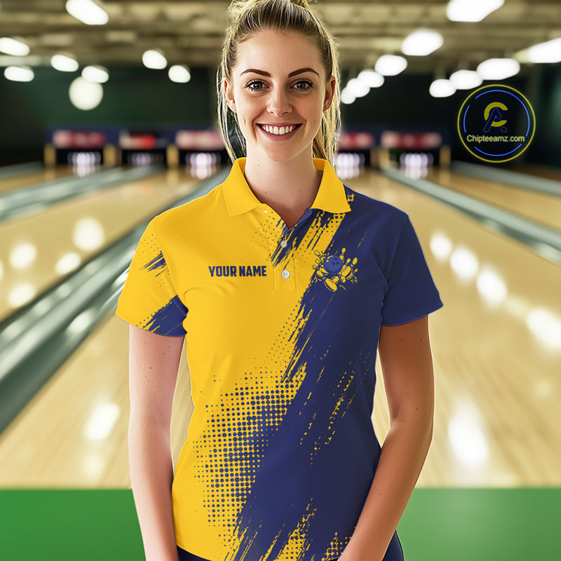 Custom Blue and Yellow Strike Bowling Shirts Women Polo, 1/4 Zip Bowling Team Jerseys Bowling League NQS11039