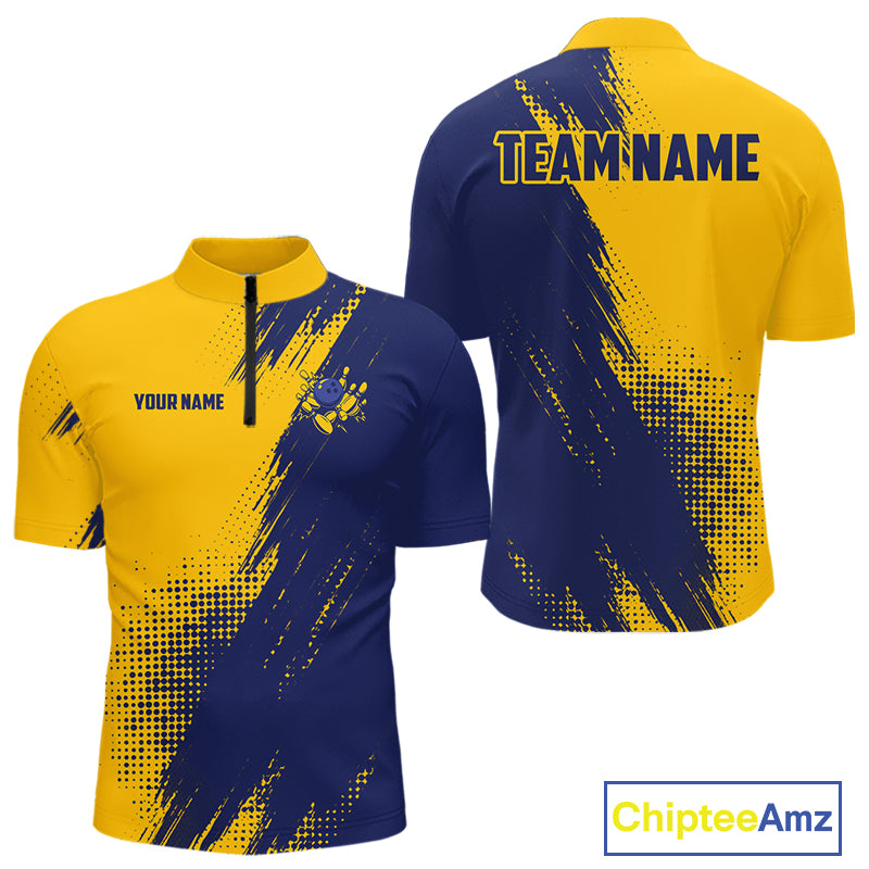 Custom Blue and Yellow Strike Bowling Shirts Men Polo, Quarter Zip Bowling Team Jersey Bowling League NQS11039