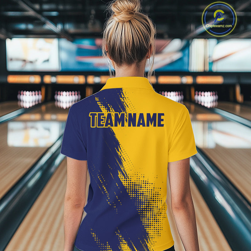 Custom Blue and Yellow Strike Bowling Shirts Women Polo, 1/4 Zip Bowling Team Jerseys Bowling League NQS11039