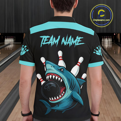 Funny Cyan Blue Shark Men Bowling Polo, Quarter Zip Shirts Custom Team Shark Bowling Outfit Jersey NQS11042