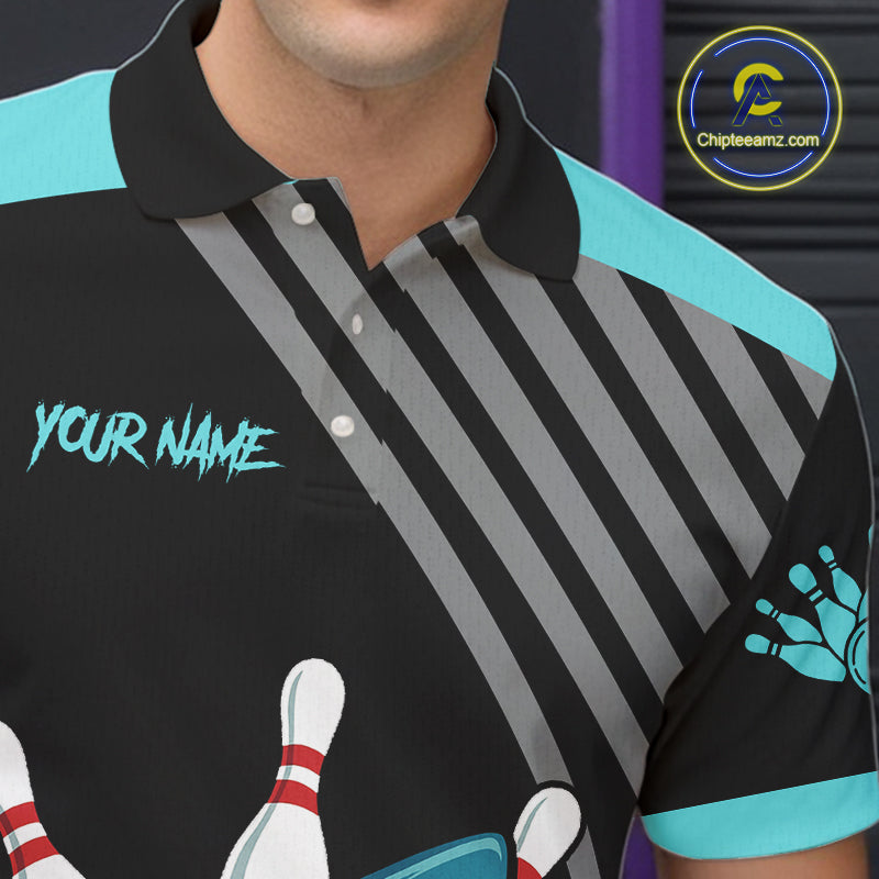 Funny Cyan Blue Shark Men Bowling Polo, Quarter Zip Shirts Custom Team Shark Bowling Outfit Jersey NQS11042