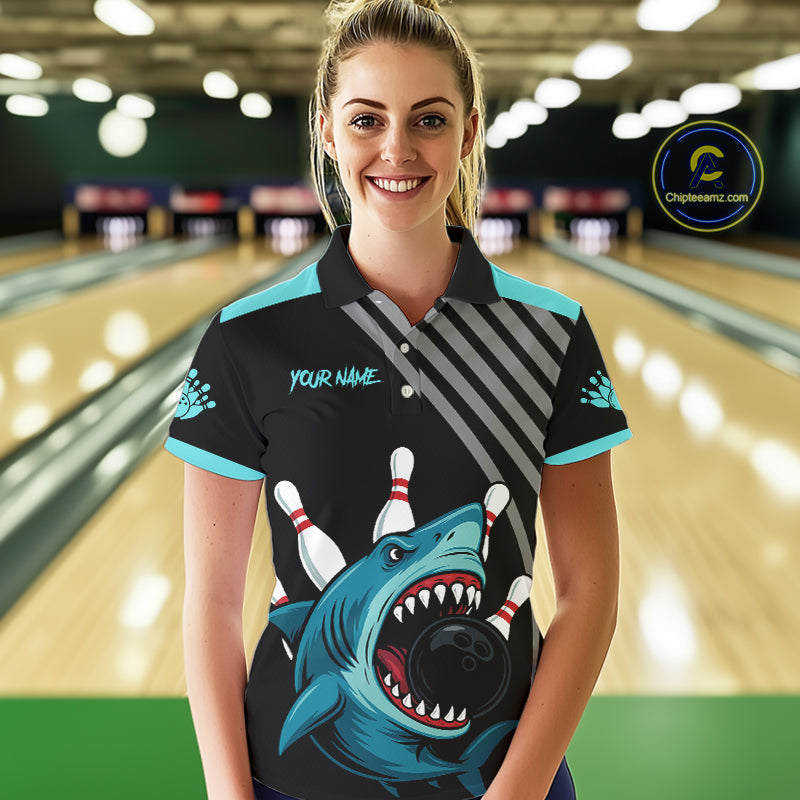 Funny Cyan Blue Shark Women Bowling Polo, Quarter Zip Shirts Custom Team Shark Bowling Outfit Jersey NQS11042