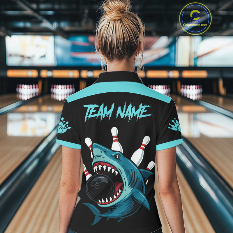 Funny Cyan Blue Shark Women Bowling Polo, Quarter Zip Shirts Custom Team Shark Bowling Outfit Jersey NQS11042