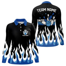 Load image into Gallery viewer, Black and Blue Flame Retro Bowling Polo, Quarter Zip Shirt for Women Custom Bowling Team Jerseys NQS9155