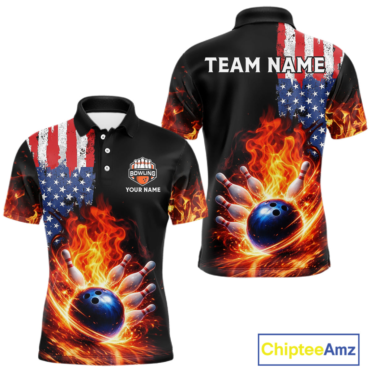 American Flag Flame bowling polo, quarter zip shirts for Men Custom patriotic team bowling jerseys NQS11432