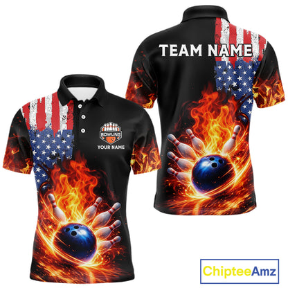 American Flag Flame bowling polo, quarter zip shirts for Men Custom patriotic team bowling jerseys NQS11432