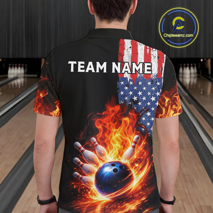 American Flag Flame bowling polo, quarter zip shirts for Men Custom patriotic team bowling jerseys NQS11432