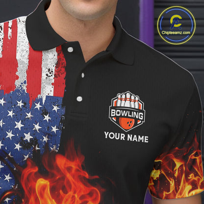 American Flag Flame bowling polo, quarter zip shirts for Men Custom patriotic team bowling jerseys NQS11432