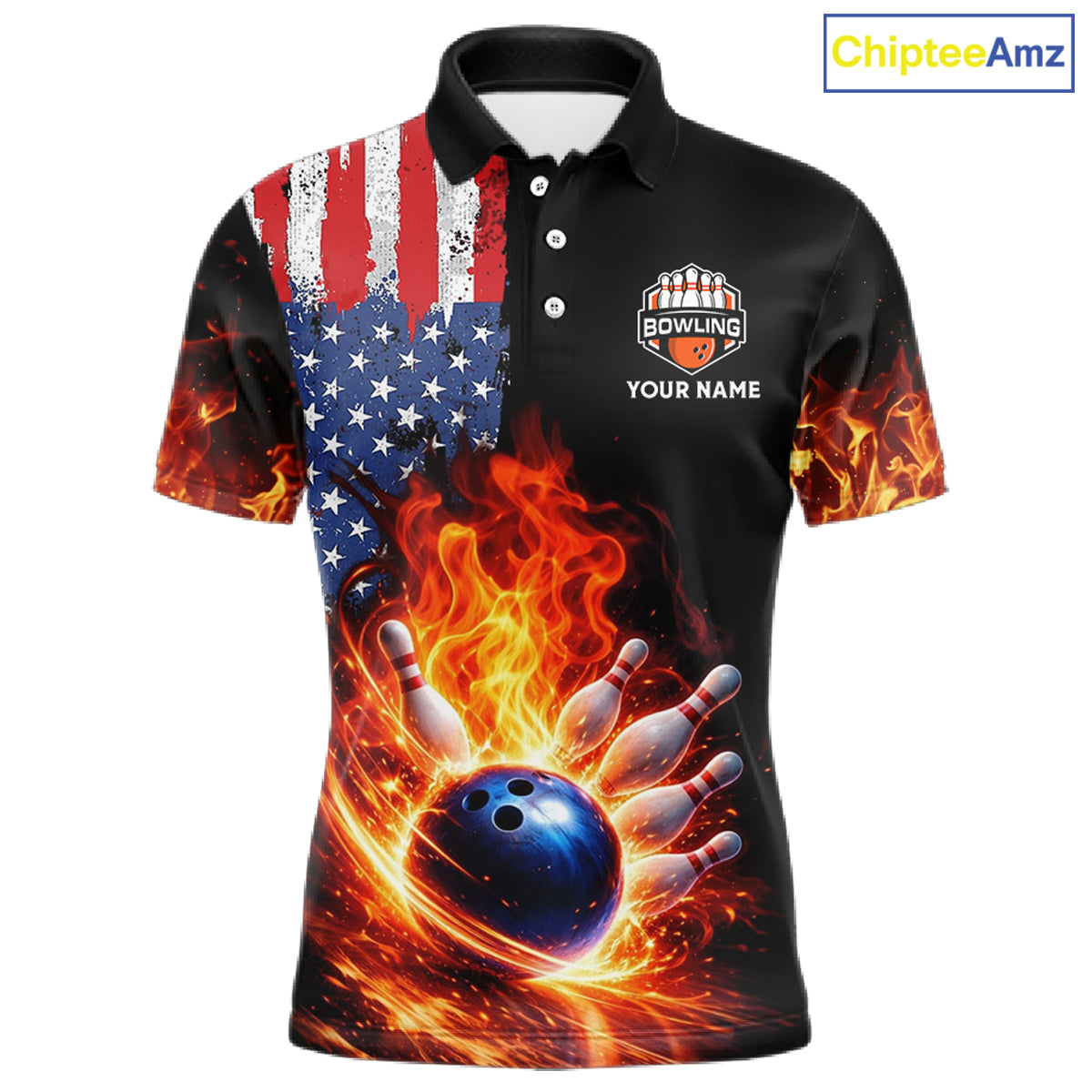 American Flag Flame bowling polo, quarter zip shirts for Men Custom patriotic team bowling jerseys NQS11432
