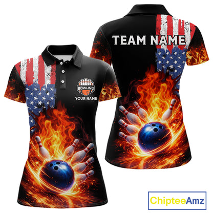 American Flag Flame bowling polo, quarter zip shirts for Women Custom patriotic team bowling jerseys NQS11432