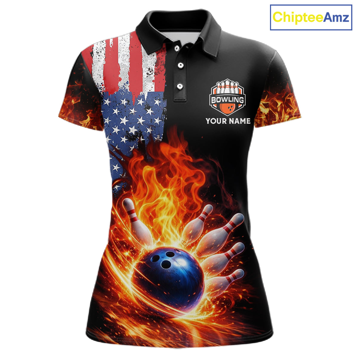 American Flag Flame bowling polo, quarter zip shirts for Women Custom patriotic team bowling jerseys NQS11432