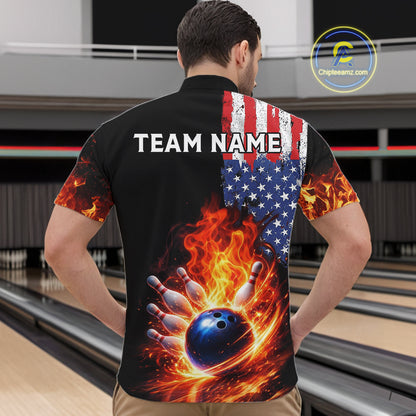 American Flag Flame bowling polo, quarter zip shirts for Men Custom patriotic team bowling jerseys NQS11432
