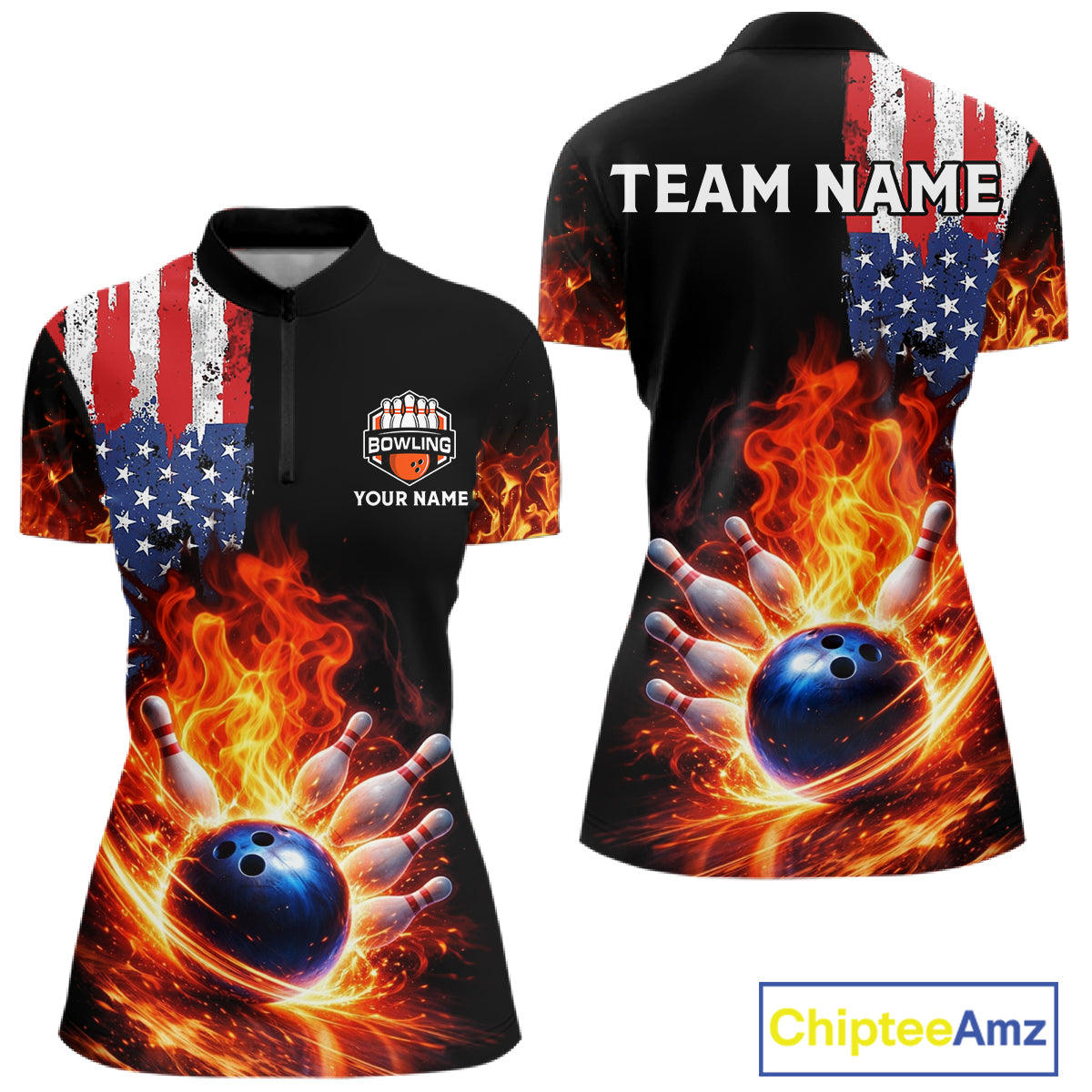 American Flag Flame bowling polo, quarter zip shirts for Women Custom patriotic team bowling jerseys NQS11432