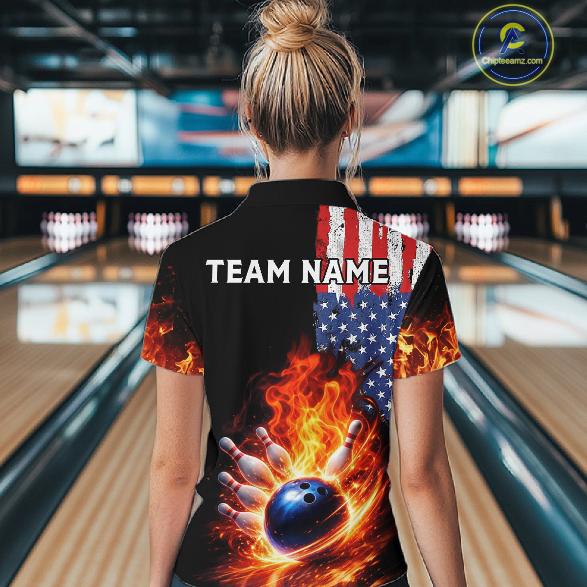 American Flag Flame bowling polo, quarter zip shirts for Women Custom patriotic team bowling jerseys NQS11432