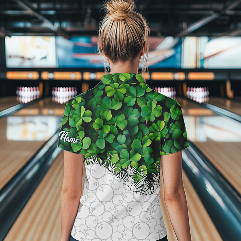 Women Bowling Shirts custom Green clover white bowling camo St Patrick Day Bowling attire for ladies NQS9501