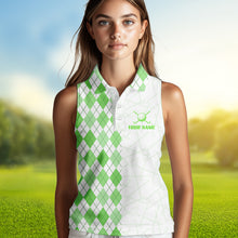 Load image into Gallery viewer, Green argyle pattern Women Sleeveless polo shirt custom peace love golf jersey, ladies golf attire NQS9505