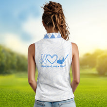 Load image into Gallery viewer, Blue argyle pattern Women Sleeveless polo shirt custom peace love golf jersey, ladies golf attire NQS9506