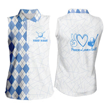 Load image into Gallery viewer, Blue argyle pattern Women Sleeveless polo shirt custom peace love golf jersey, ladies golf attire NQS9506