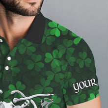 Load image into Gallery viewer, Green shamrock pattern funny Skeleton Mens golf polo shirts custom St Patrick Day golf attire for men NQS9513