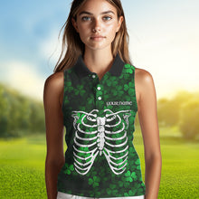 Load image into Gallery viewer, Green shamrock pattern Skeleton Women Sleeveless polo shirt custom St Patrick Day women golf attire NQS9513