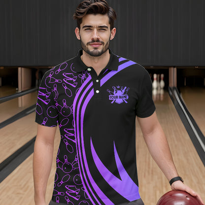 Black Mens bowling shirts Custom Purple neon team league bowling jerseys, gifts for bowlers NQS9667