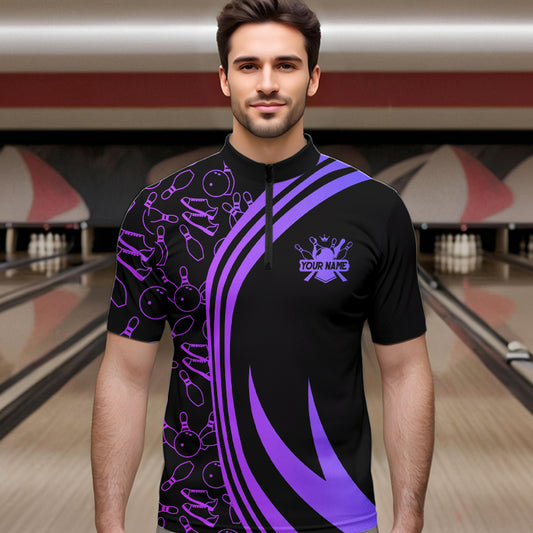 Black Mens bowling shirts Custom Purple neon team league bowling jerseys, gifts for bowlers NQS9667