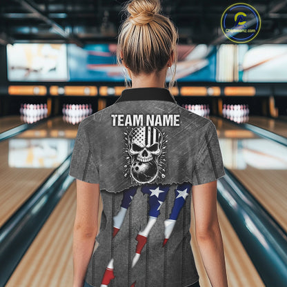 American Flag metal pattern Skull Bowling Shirts For Women Custom patriotic Bowling Team Jerseys NQS11734