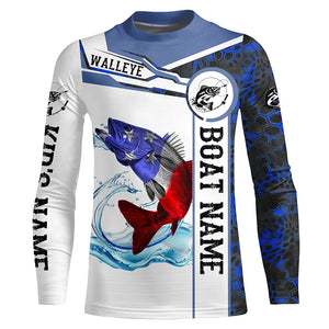 Walleye Fishing blue camo American Flag Custom name & boat name performance Long Sleeve Fishing Shirts NQS3457