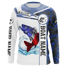 Load image into Gallery viewer, Walleye Fishing blue camo American Flag Custom name &amp; boat name performance Long Sleeve Fishing Shirts NQS3457