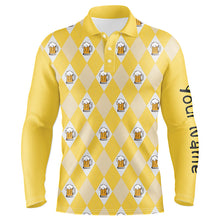 Load image into Gallery viewer, Yellow argyle plaid beer pattern Mens golf polo shirts custom golf attire for men, men&#39;s golf apparel NQS7812