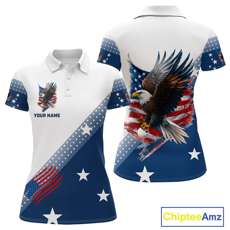Red, White and Blue American Flag Eagle Custom Women golf polo shirt, patriotic ladies golf outfit NQS10104