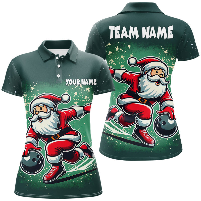 Funny Green Santa Bowling polo, quarter zip shirt for Women Custom bowling uniforms Christmas jerseys NQS8685