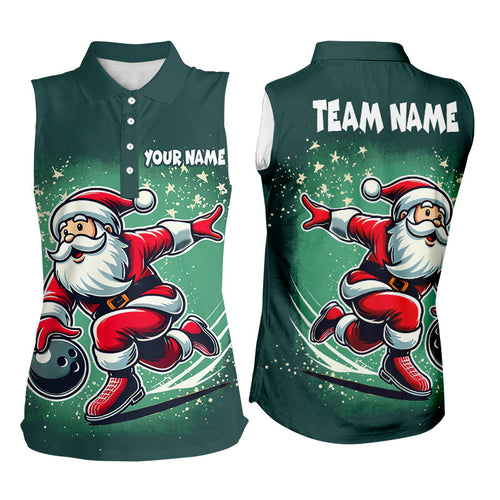 Funny Green Santa Bowling Sleeveless Polo shirt for Women Custom bowling uniforms Christmas jerseys NQS8685