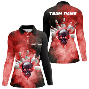 Black and Red Smoke Skull Bowling Jersey For Women Custom Bowling Polo, Quarter zip shirt Team Bowlers NQS8687