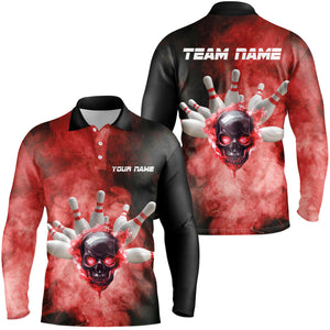 Black and Red Smoke Skull Bowling Jersey For Men Custom Bowling Polo, Quarter zip shirt Team Bowlers NQS8687