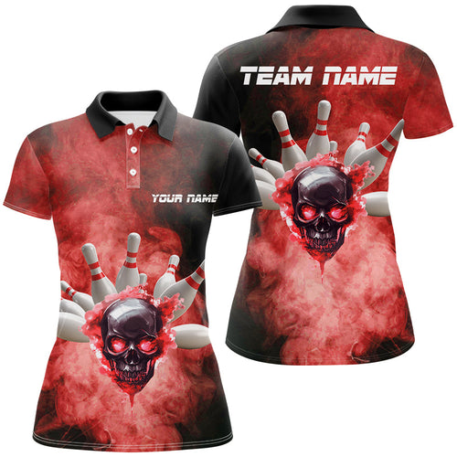 Black and Red Smoke Skull Bowling Jersey For Women Custom Bowling Polo, Quarter zip shirt Team Bowlers NQS8687