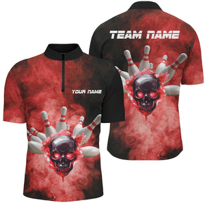 Black and Red Smoke Skull Bowling Jersey For Men Custom Bowling Polo, Quarter zip shirt Team Bowlers NQS8687