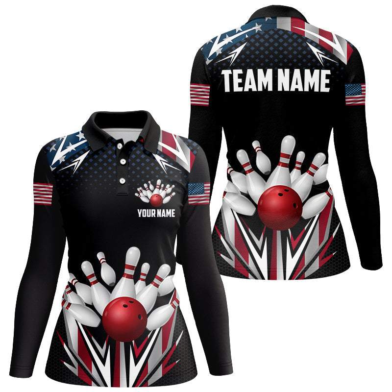 American flag Bowling Polo, Quarter zip shirts For Women Custom patriotic bowling team jerseys outfits NQS8689