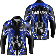 Load image into Gallery viewer, Black Men Bowling Polo, 1/4 zip Shirt Custom blue lightning team Mens Bowlers Jerseys bowling outfits NQS8690