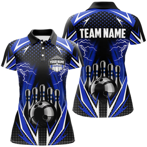 Black Women Bowling Polo, 1/4 zip Shirt Custom blue lightning team Ladies Bowler Jersey bowling outfit NQS8690