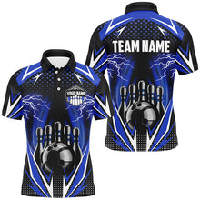 Load image into Gallery viewer, Black Men Bowling Polo, 1/4 zip Shirt Custom blue lightning team Mens Bowlers Jerseys bowling outfits NQS8690